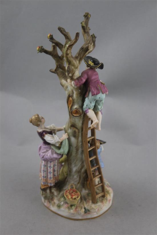 A Meissen group of apple pickers, late 19th century, 27cm, losses and restorations